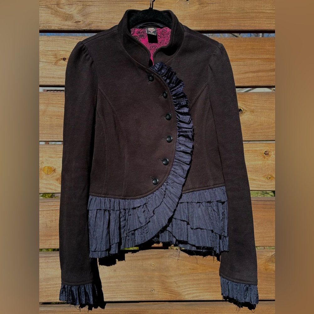 Free People Brown Blazer with Ruffle Trim